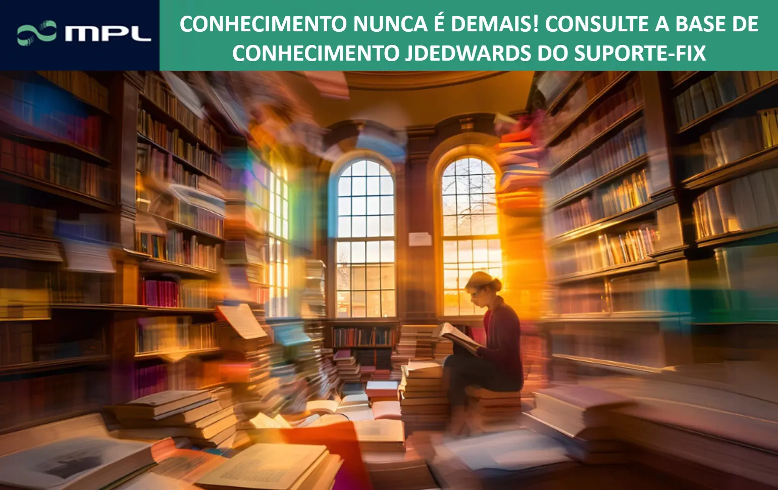 Mulher dento de uma biblioteca absorvendo todo o conhecimento.