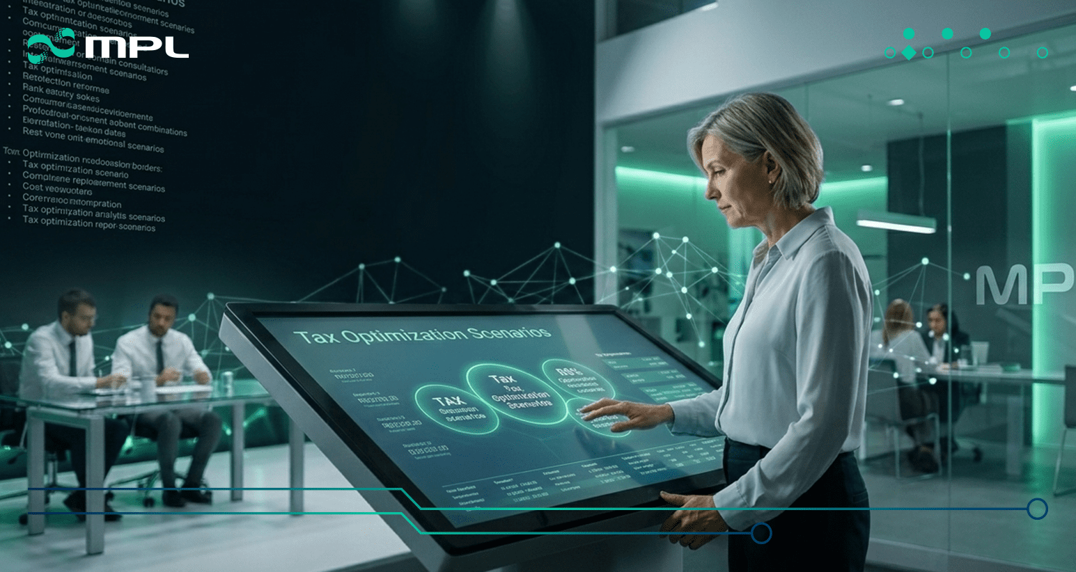 Image of a woman using a touchscreen displaying tax optimization scenarios, related to the JD Edwards tax reform, in a modern business environment.